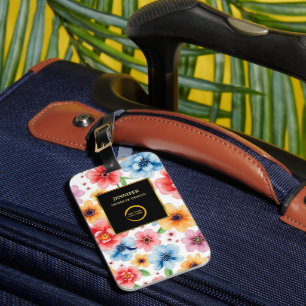 Watercolor flowers black gold logo professional luggage tag