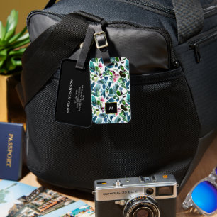 Watercolor flowers black gold monogram luggage tag