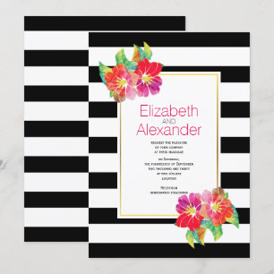 Watercolor flowers black white stripes wedding invitation