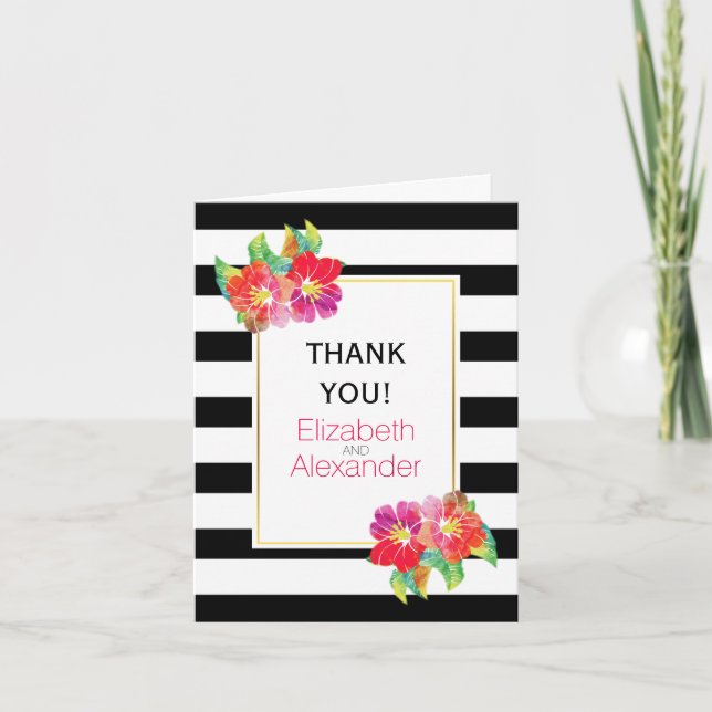 Watercolor flowers black white wedding Thank You Card (Front)