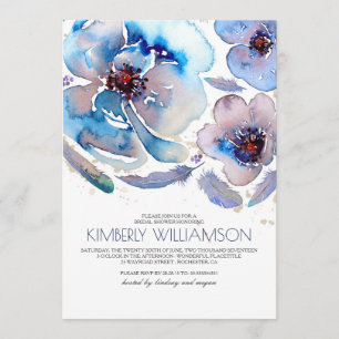 Watercolor Flowers Blue Boho Bridal Shower Invitation