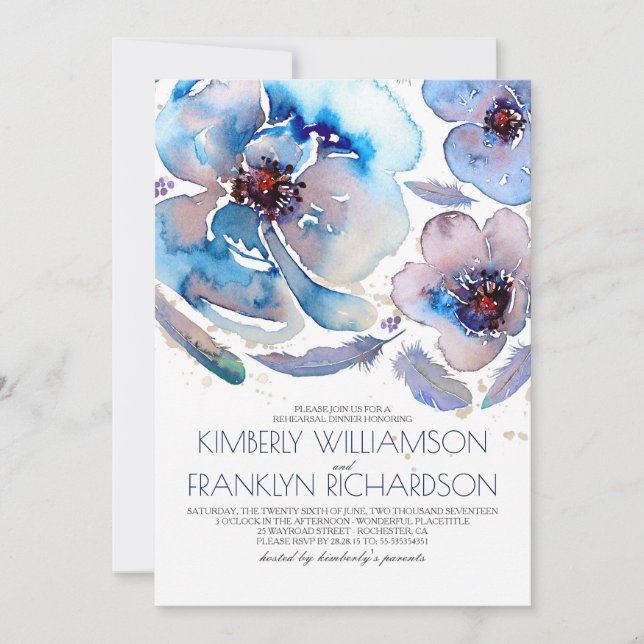 Watercolor Flowers Blue Boho Rehearsal Dinner Invitation (Front)