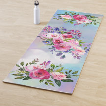 Watercolor Flowers Blue Pink Yoga Mat
