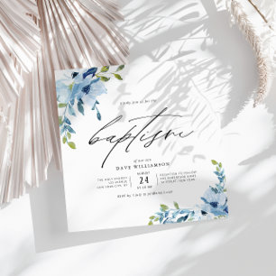 watercolor flowers blue theme boy baptism invitation