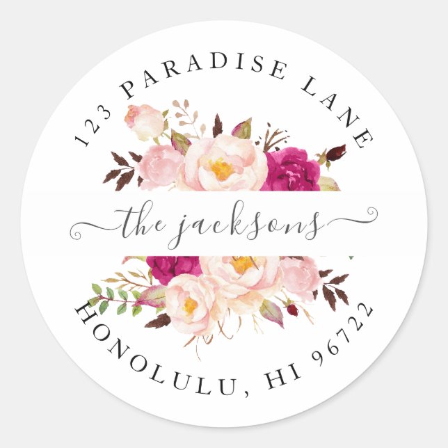 Watercolor Flowers Blush Burgundy Peonies Classic Round Sticker (Front)