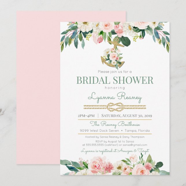 Watercolor Flowers Blush Nautical Bridal Shower Invitation (Front/Back)