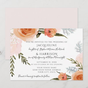 Watercolor Flowers Blush Peach Foliage Wedding Invitation