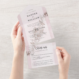 Watercolor flowers blush pink wedding all in one invitation