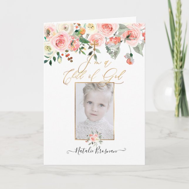 Watercolor Flowers Blush Roses LDS Baptism Program Holiday Card (Front)