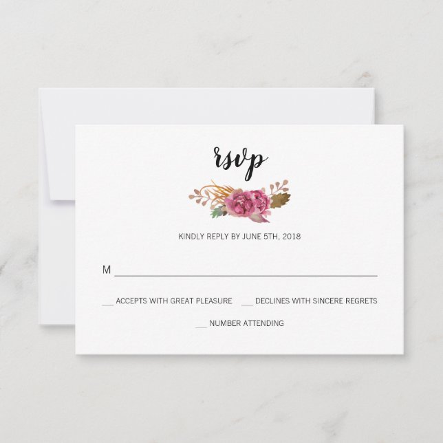 Watercolor Flowers Bohemian Country Barn Wedding RSVP Card (Front)