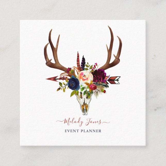 WATERCOLOR FLOWERS, BOHO SKULL+ARROW SQUARE BUSINESS CARD (Front)