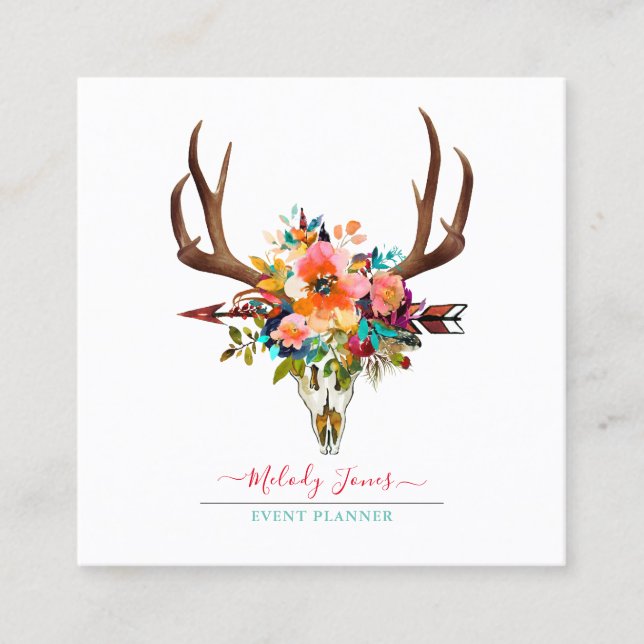 WATERCOLOR FLOWERS, BOHO SKULL+ARROW SQUARE BUSINESS CARD (Front)