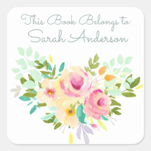 Watercolor Flowers Book Plate This Book Belongs To Square Sticker