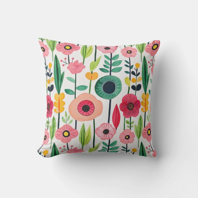 Watercolor Flowers Botanical Pattern Colourful Cushion (Front)