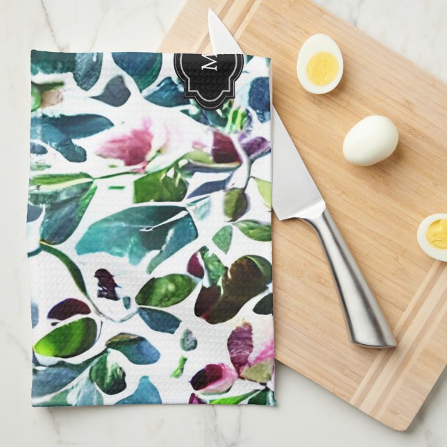 Watercolor flowers botanical pattern monogrammed tea towel (Quarter Fold)
