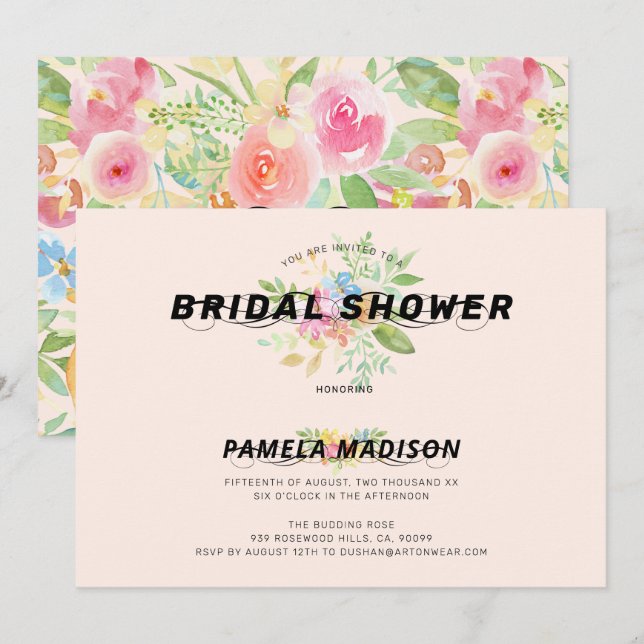 Watercolor flowers bouquet & modern typography invitation (Front/Back)