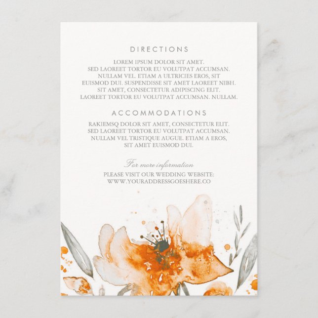 Watercolor Flowers Bouquet Orange Wedding Details Enclosure Card (Front)