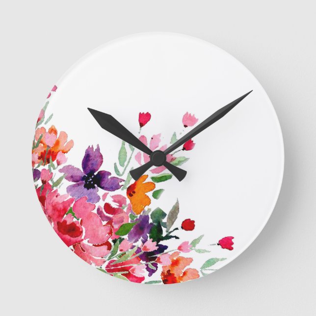 Watercolor Flowers Branch Round Clock (Front)