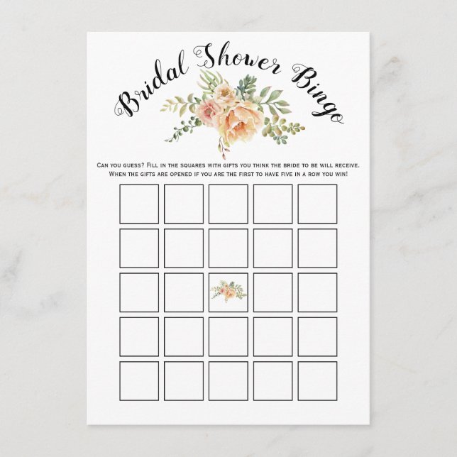 Watercolor flowers bridal shower bingo game card (Front)
