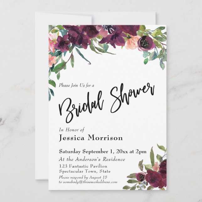 Watercolor Flowers Bridal Shower Typography Invitation (Front)