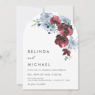 Watercolor Flowers Burgund Blue Casual Wedding Invitation