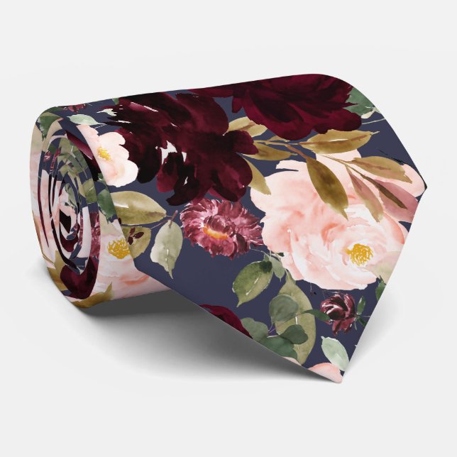 Watercolor Flowers Burgundy Blush Navy Neck Tie (Rolled)
