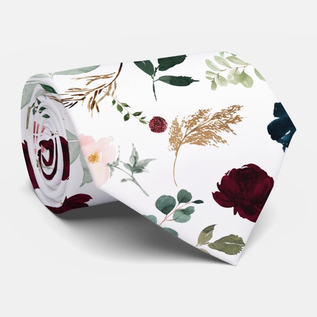 Watercolor Flowers Burgundy Blush Navy Roses Tie (Rolled)