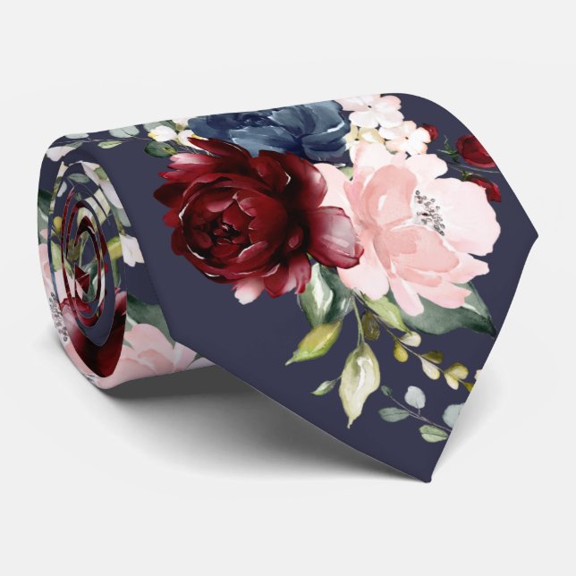 Watercolor Flowers Burgundy Blush Navy Tie (Rolled)