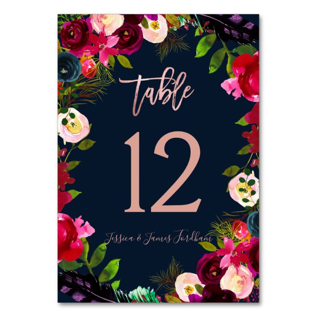 Watercolor Flowers Burgundy Blush Table Number (Front)