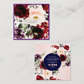 Watercolor Flowers Burgundy Merlot Blush Square Business Card