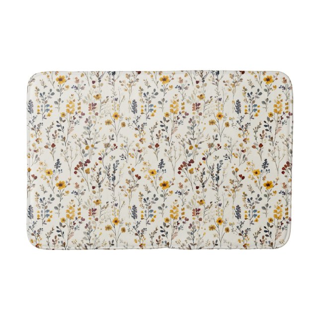 Watercolor Flowers  Burgundy Yellow Blue Green Bath Mat (Front)