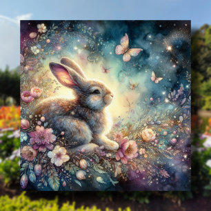 Watercolor Flowers Butterflies Bunny Easter  Holiday Card