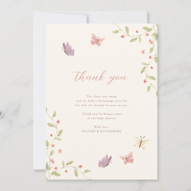 Watercolor Flowers & Butterflies Girl Baby Shower Thank You Card (Front)