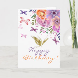 Watercolor Flowers Butterflies Gold Glitter Card