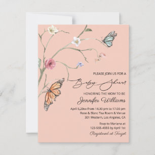 watercolor flowers butterflies pink baby shower invitation