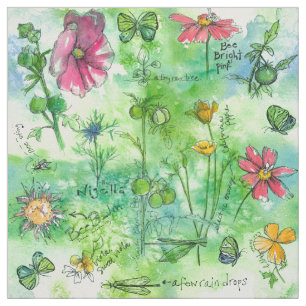 Watercolor Flowers Butterfly Botanical Sketchbook Fabric