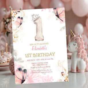 Watercolor Flowers Butterfly Striped 1s Birthday  Invitation