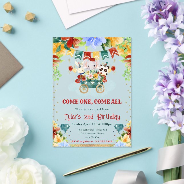 Watercolor Flowers Circus Animals Kids Birthday Acrylic Invitations (Insitu (Wedding))