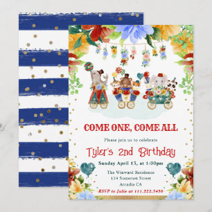 Watercolor Flowers Circus Animals Kids Birthday Invitation