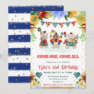 Watercolor Flowers Circus Animals Kids Birthday Invitation