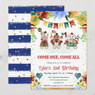 Watercolor Flowers Circus Animals Kids Birthday Invitation