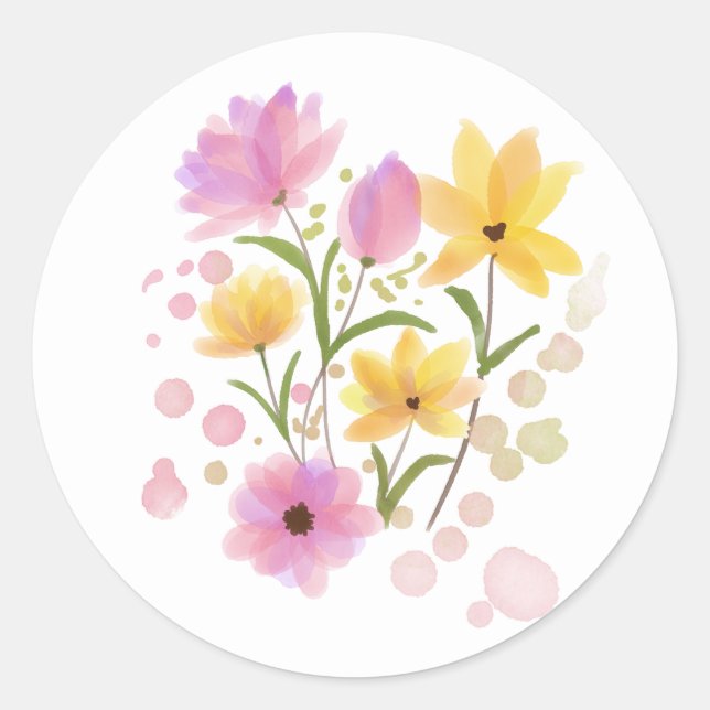 Watercolor Flowers Classic Round Sticker (Front)