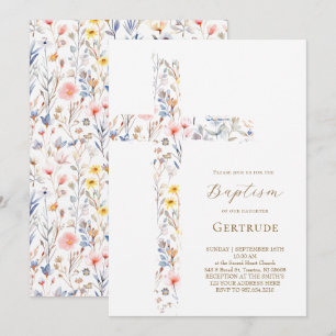 watercolor flowers cross Baptism Invitation