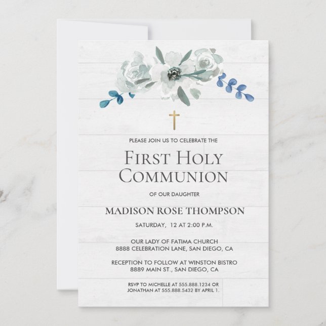Watercolor Flowers Cross Digital 1st Communion Invitation (Front)