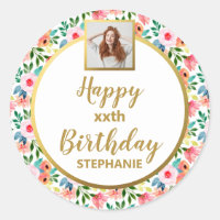 Watercolor Flowers, Custom Photo, Happy Birthday