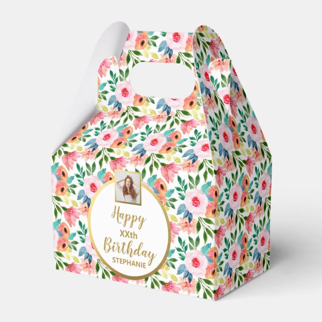Watercolor Flowers, Custom Photo, Happy Birthday Favour Box (Front Side)