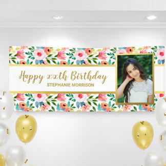 Watercolor Flowers, Custom Photo Text Birthday Banner