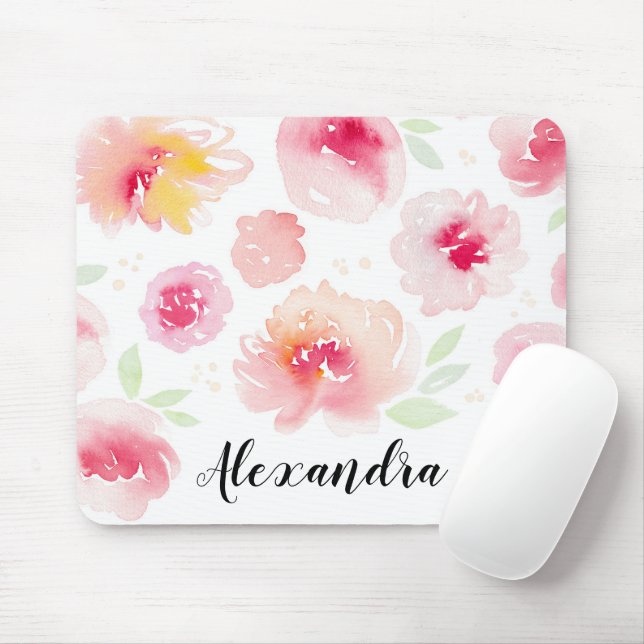 Watercolor Flowers Custom Script Name Mousepad (With Mouse)
