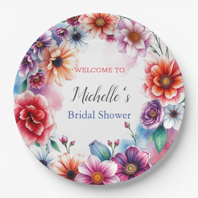 Watercolor Flowers Cute Bridal Shower  Paper Plate (Front)