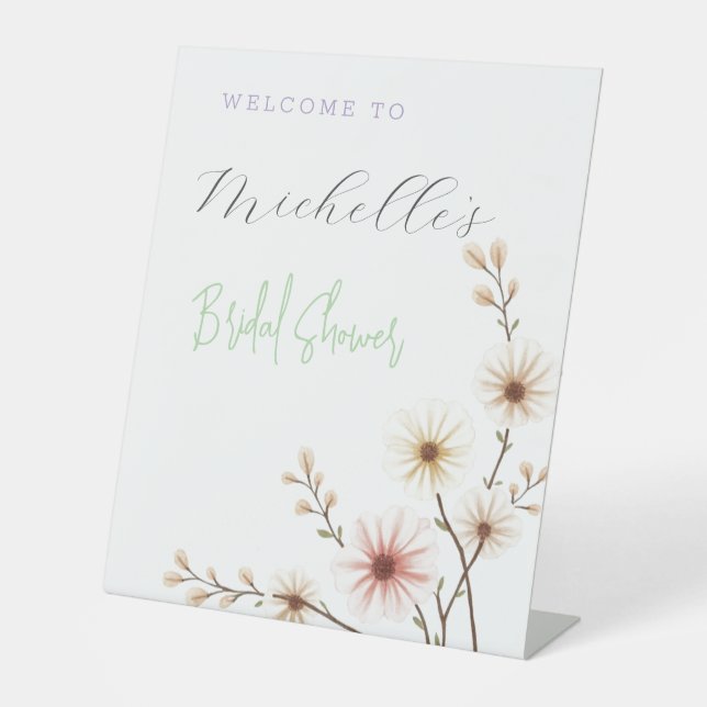 Watercolor Flowers Cute Bridal Shower  Pedestal Sign (Front)